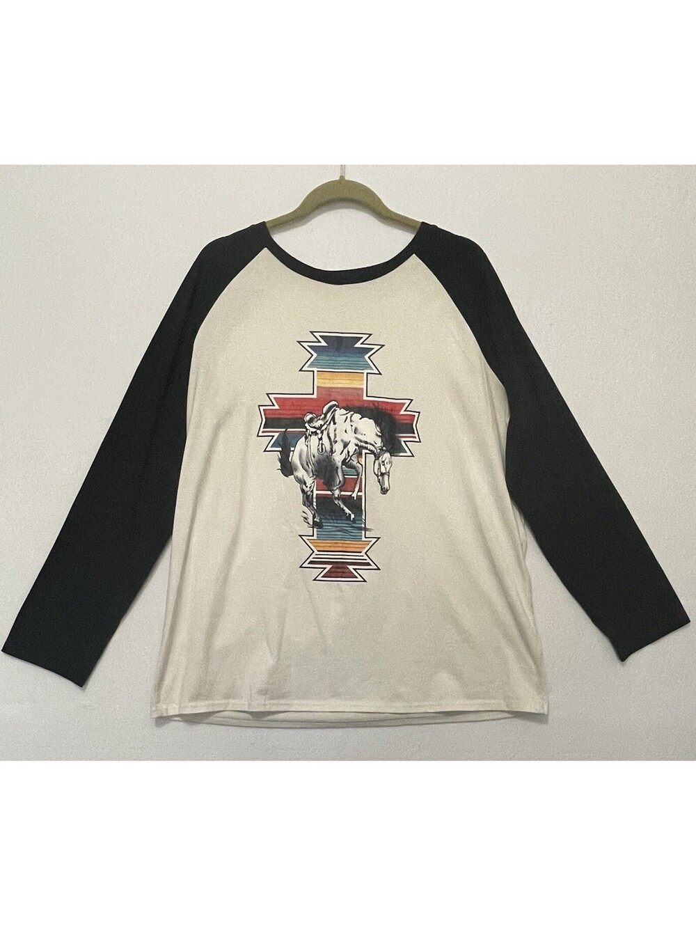 Western Horse Graphic Raglan Tee 2XL Aztec Rodeo Cowboy Long Sleeve Shirt